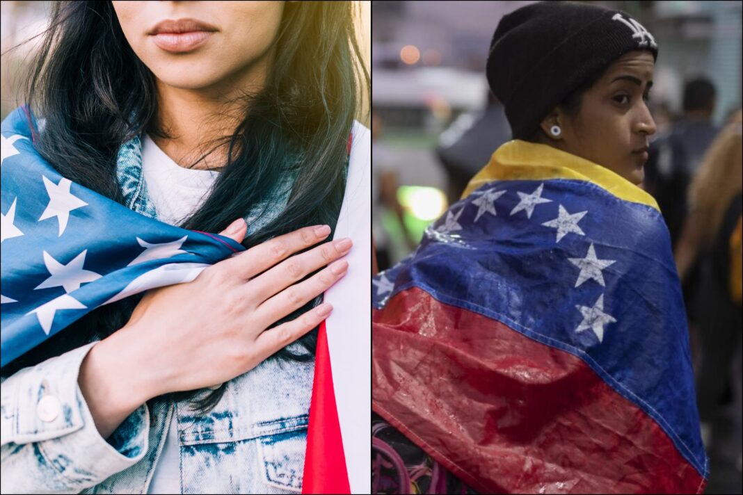 Bandera de Estados Unidos y documentos de inmigración sobre un escritorio.