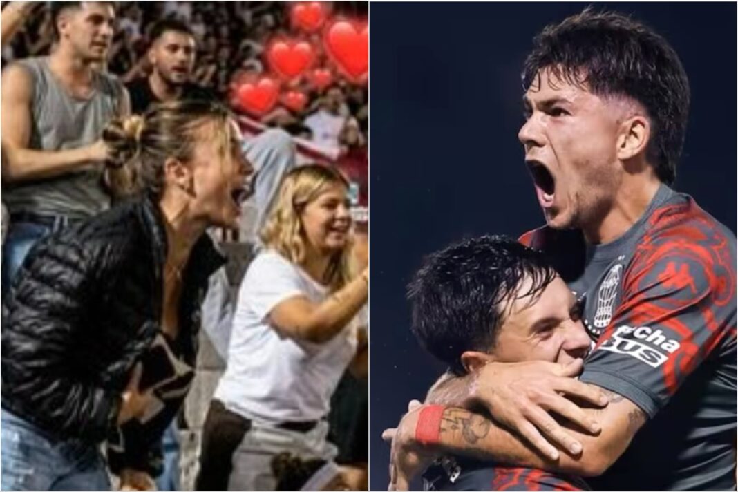 Morena Beltrán celebra en la tribuna durante el partido de Huracán contra Olimpo.